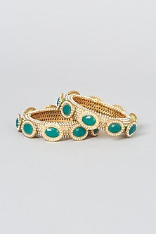 Gold Finish Emerald Bangles (Set of 2)