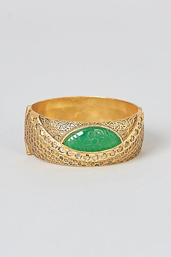 Gold Finish Bangles With Green Stones (Set of 2)