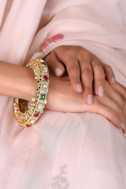 Gold Finish Red & Green Kundan Polki Sadhika Bangle