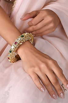 Gold Finish Red & Green Kundan Polki Sadhika Bangle