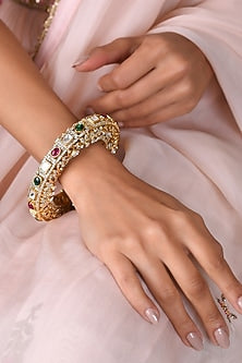Gold Finish Red & Green Kundan Polki Sadhika Bangle