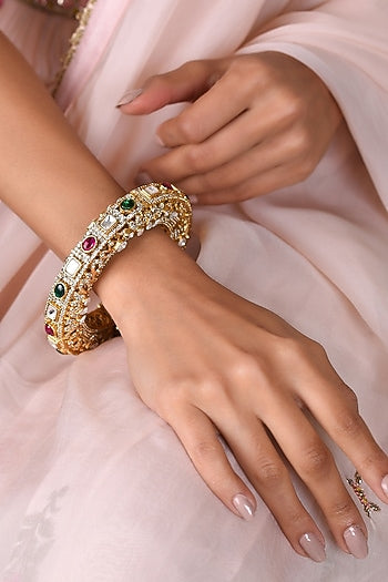 Gold Finish Red & Green Kundan Polki Sadhika Bangle