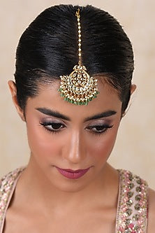 Gold Finish Kundan Polki & Pearl Yogeshwari Maangtikka