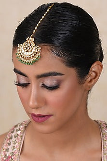 Gold Finish Kundan Polki & Pearl Yogeshwari Maangtikka