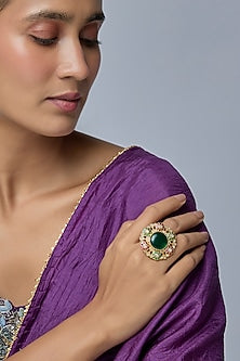 Gold Finish Kundan Polki & Multi-Colored Stone Ring