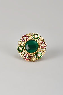 Gold Finish Kundan Polki & Multi-Colored Stone Ring