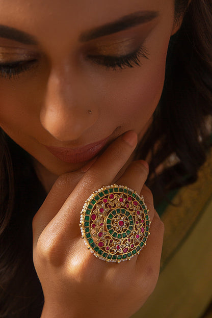 Gold Plated Red & Green Stone Ring