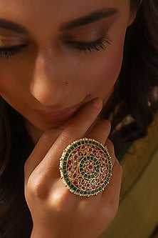 Gold Plated Red & Green Stone Ring