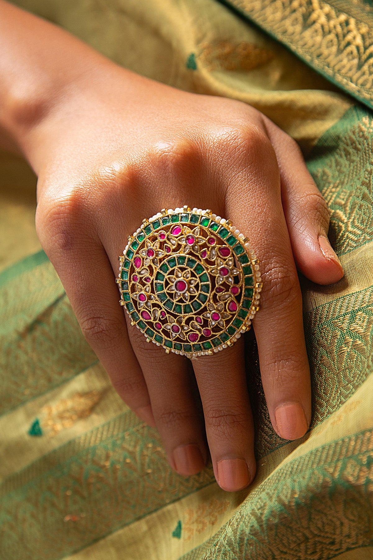 Gold Plated Red & Green Stone Ring