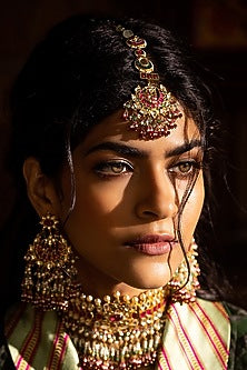 Gold Plated Green Onyx & Ruby Stone Maangtikka