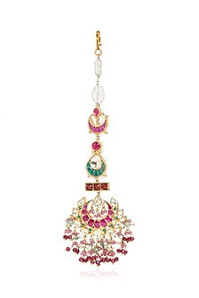 Gold Plated Green Onyx & Ruby Stone Maangtikka