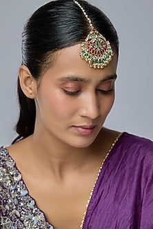 Gold Finish Kundan Polki & Multi-Colored Stone Maangtikka