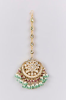 Antique Gold Finish Kundan Polki & Pearl Maangtikka