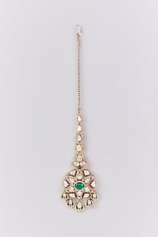 Antique Gold Finish Kundan Polki & Pearl Maangtikka