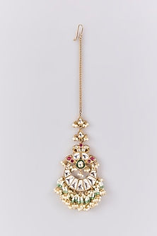 Antique Gold Finish Kundan Polki & Pearl Maangtikka