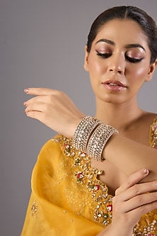 Antique Gold Finish Kundan Polki & Pearl Bangles (Set Of 2)