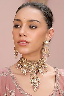 Gold Plated Rose Quartz Choker Necklace Set