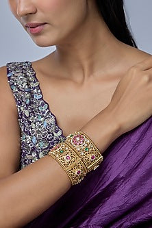 Gold Finish Kundan Polki & Multi-Colored Stone Bangles (Set Of 2)