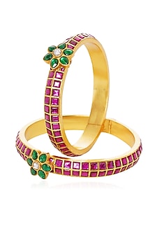 Gold Plated Red & Green Stone Bangles (Set Of 2)