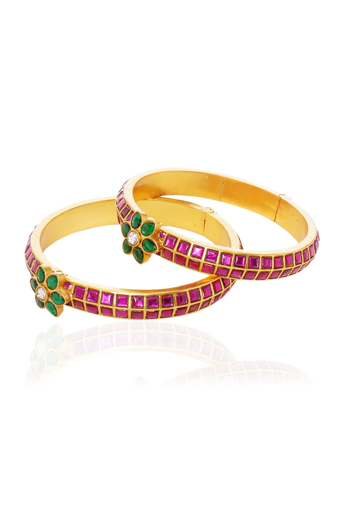 Gold Plated Red & Green Stone Bangles (Set Of 2)