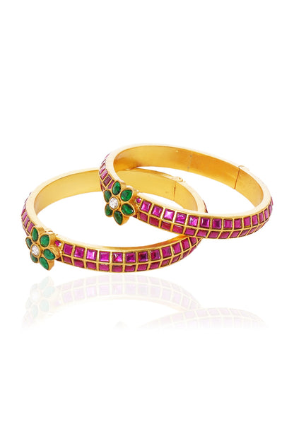Gold Plated Red & Green Stone Bangles (Set Of 2)