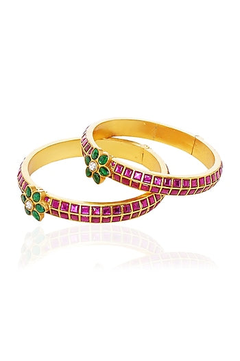Gold Plated Red & Green Stone Bangles (Set Of 2)