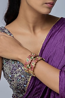 Gold Finish Kundan Polki & Red Stone Bangles (Set Of 2)