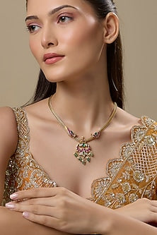 Gold Finish Kundan Polki & Green Onyx Fluorite Stone Necklace In Sterling Silver