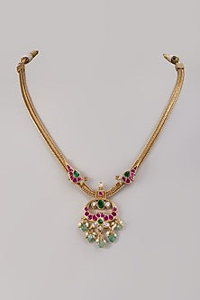 Gold Finish Kundan Polki & Green Onyx Fluorite Stone Necklace In Sterling Silver