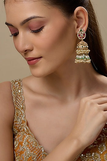 Gold Finish Kundan Polki & Green Onyx Stone Jhumka Earrings