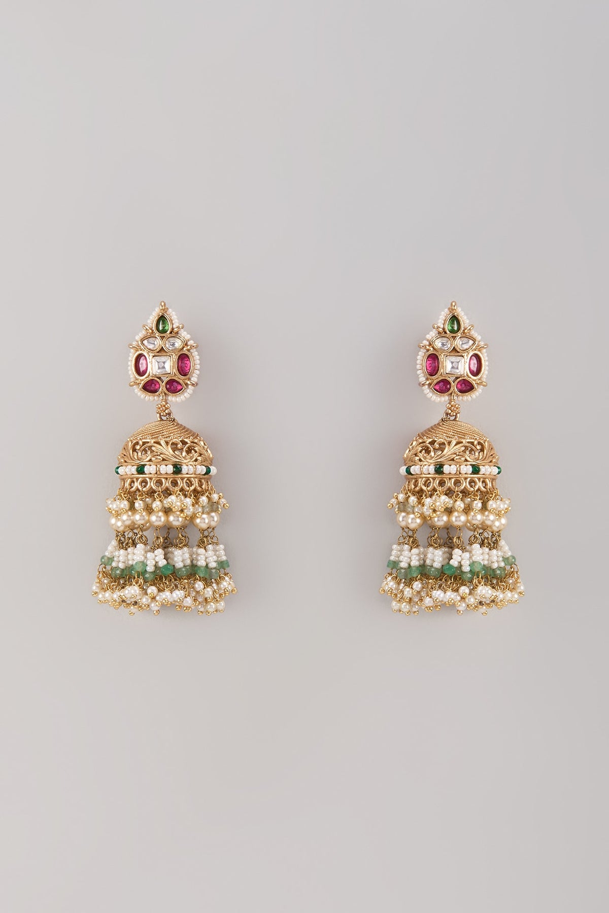 Gold Finish Kundan Polki & Green Onyx Stone Jhumka Earrings