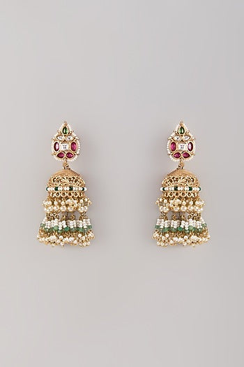 Gold Finish Kundan Polki & Green Onyx Stone Jhumka Earrings