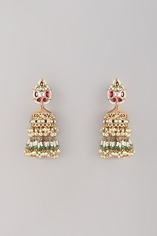 Gold Finish Kundan Polki & Green Onyx Stone Jhumka Earrings