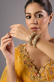 Antique Gold Finish Kundan Polki & Pearl Bangles (Set Of 2)