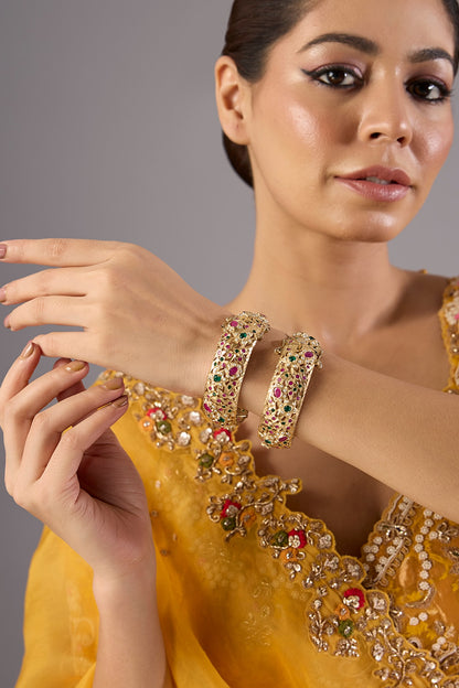 Antique Gold Finish Kundan Polki & Pearl Bangles (Set Of 2)