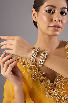 Antique Gold Finish Kundan Polki & Pearl Bangles (Set Of 2)