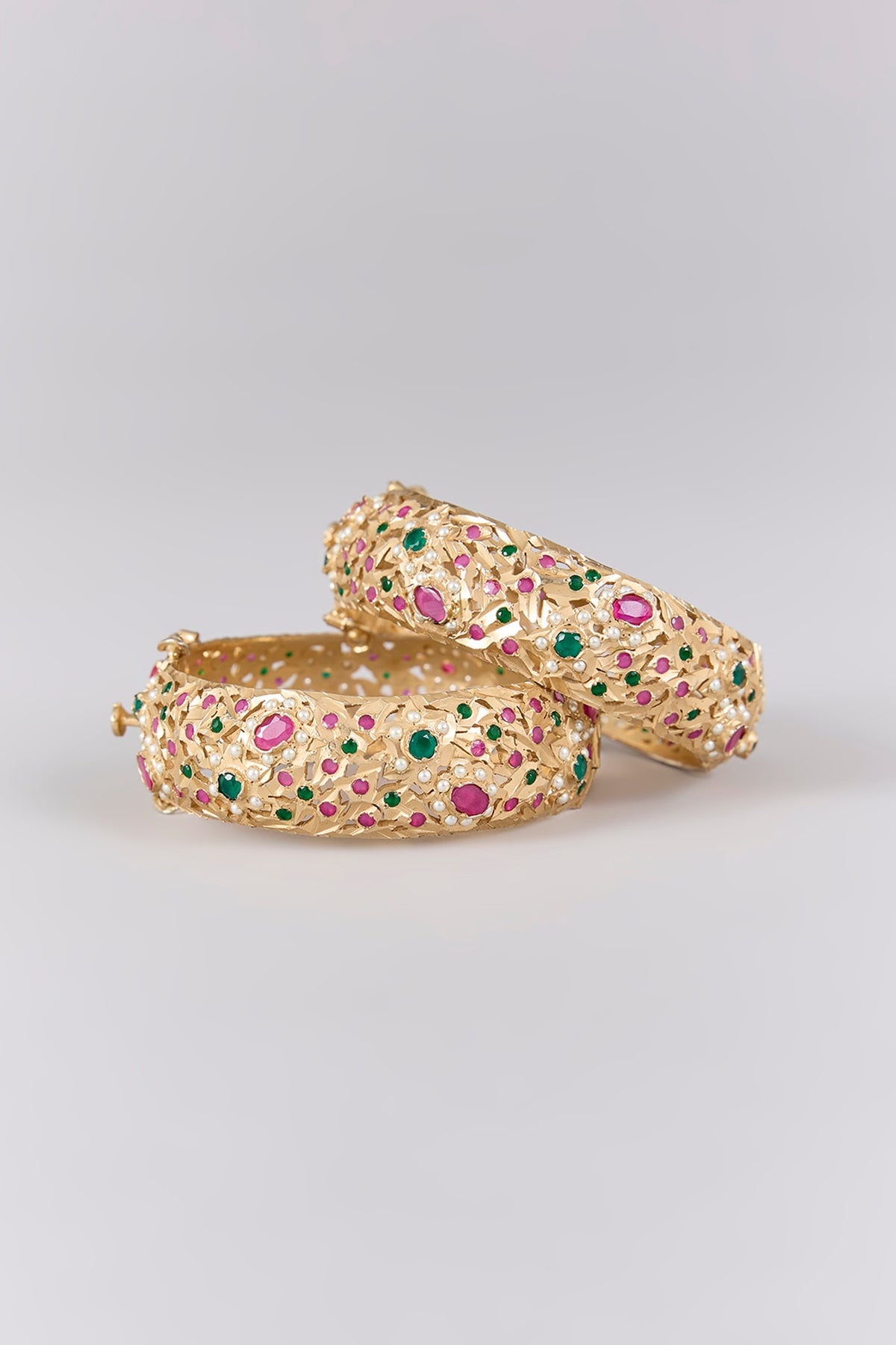 Antique Gold Finish Kundan Polki & Pearl Bangles (Set Of 2)