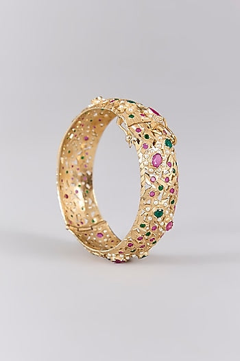 Antique Gold Finish Kundan Polki & Pearl Bangles (Set Of 2)