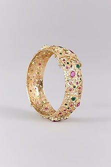 Antique Gold Finish Kundan Polki & Pearl Bangles (Set Of 2)
