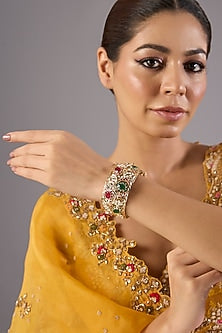Antique Gold Finish Kundan Polki & Pearl Bangles (Set Of 2)