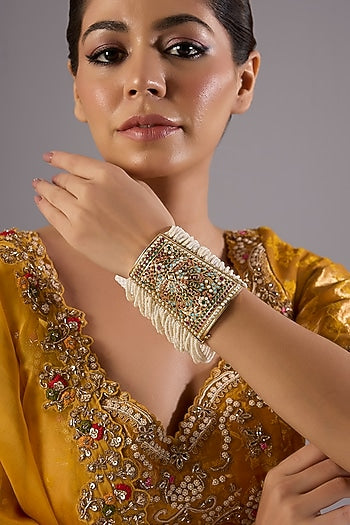 Antique Gold Finish Kundan Polki & Pearl Bangle