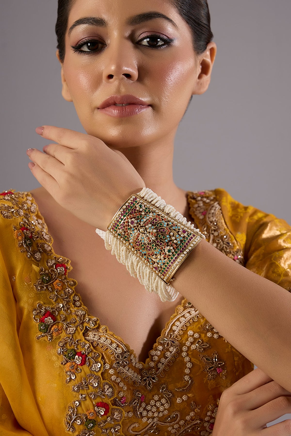 Antique Gold Finish Kundan Polki & Pearl Bangle