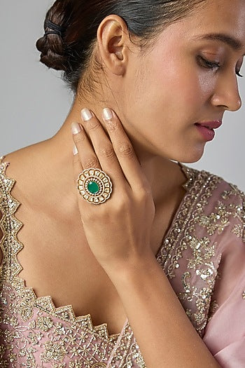 Gold Finish Green Moissanite Polki Ring