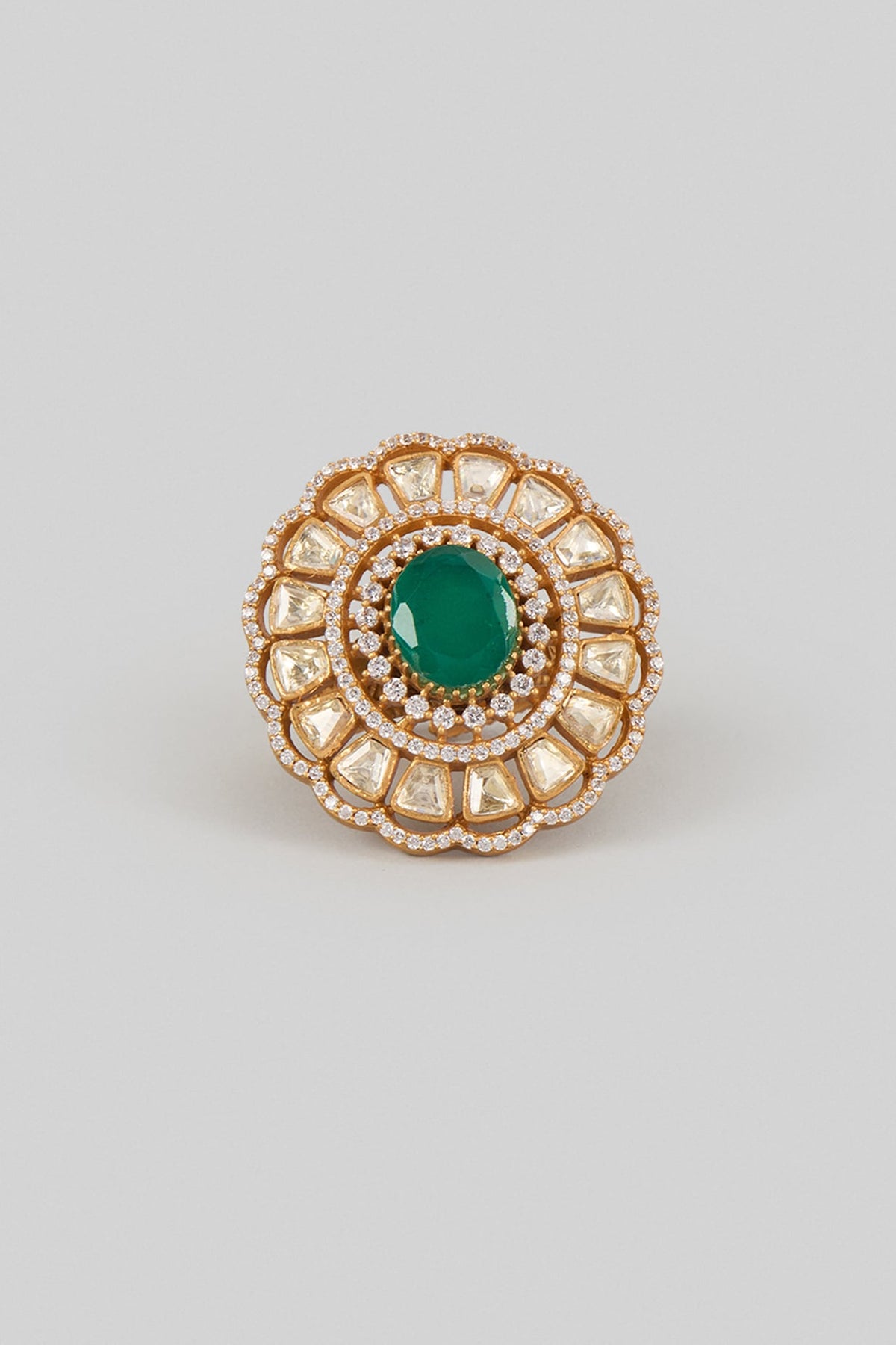 Gold Finish Green Moissanite Polki Ring