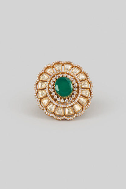 Gold Finish Green Moissanite Polki Ring