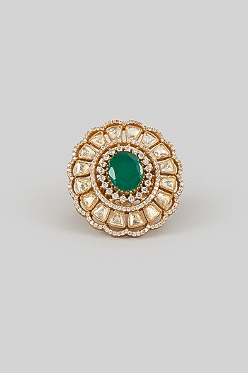 Gold Finish Green Moissanite Polki Ring