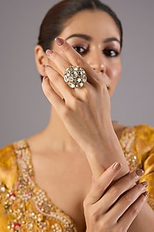 Antique Gold Finish Kundan Polki & Pearl Ring