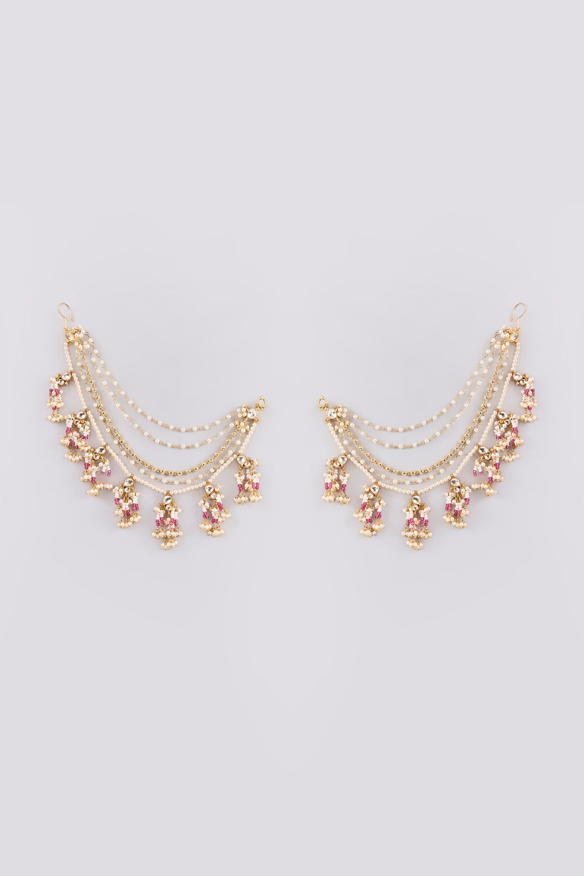 Gold Finish Kundan Polki & Pearl Ear Chain Dangler Earrings