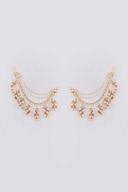 Gold Finish Kundan Polki & Pearl Ear Chain Dangler Earrings