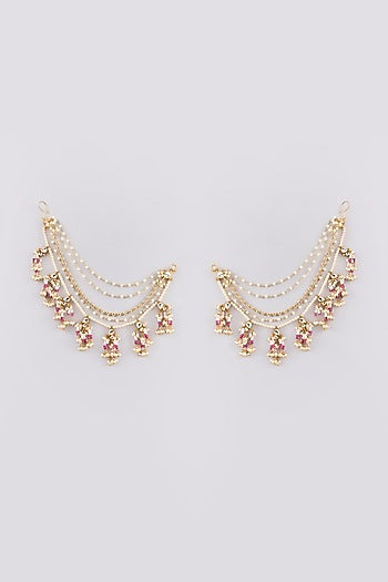 Gold Finish Kundan Polki & Pearl Ear Chain Dangler Earrings
